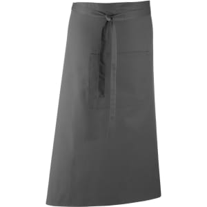 A grey apron with a tie closure and a front pocket, featuring branding. Suitable for various workwear applications.
