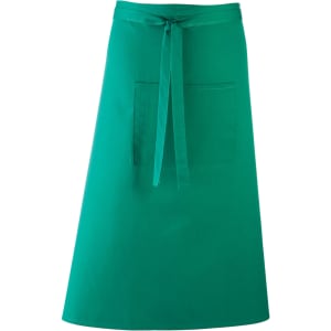 A green apron featuring a waistband tie and a front pocket. It includes a logo or branding.