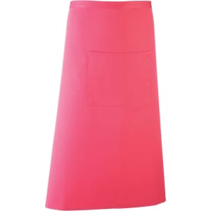 A pink apron featuring a pocket and a simple design. It has a logo on the fabric.