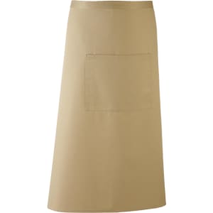 A beige apron featuring a large front pocket and a simple design, with a logo present.