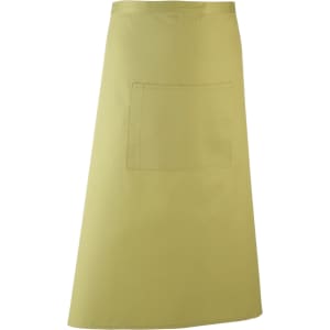 A khaki green apron featuring a single front pocket and a smooth finish, with a logo present.