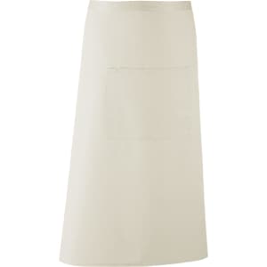 A beige apron featuring a front pocket and a plain design, suitable for workwear use.