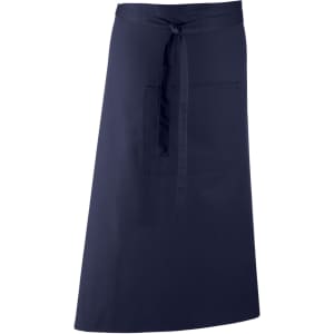 A navy blue apron featuring a front pocket and a tie at the waist. The design includes a logo.
