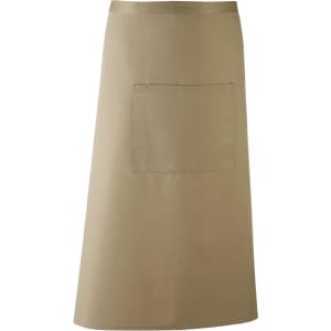 A khaki apron featuring a front pocket and a simple, classic design. It has a visible logo or branding.