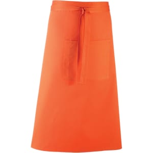 An orange apron with a tied waist and two front pockets, featuring a logo.