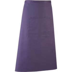 A purple apron featuring a front pocket and a simple design, suitable for workwear and culinary tasks.