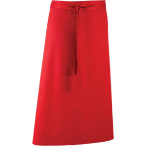 A red apron featuring a waist tie and two front pockets, showcasing a simple and functional design.