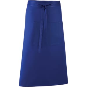 A blue apron with a pocket at the front and a tie at the waist. It features a logo design.