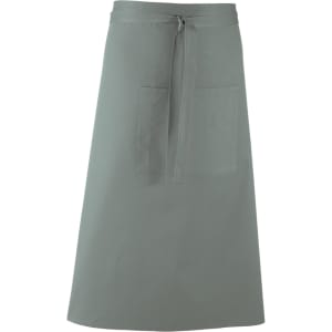 A grey apron with two front pockets and a tie waist, featuring a logo.