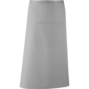 A grey apron featuring a front pocket and a simple design. It includes a logo branding.