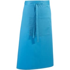 A bright blue apron featuring a pocket and a waist tie, suitable for workwear. It has a simple design and a logo.