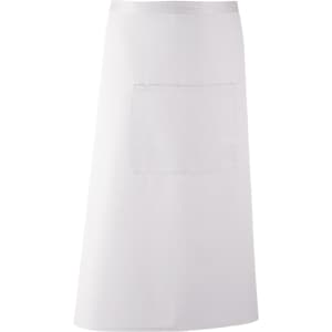 A white apron with a large front pocket and a silver trim along the top. It features branding on the fabric.