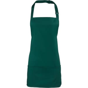 A green 2-in-1 apron featuring an adjustable neck strap and a front pocket. It has a logo on the front.