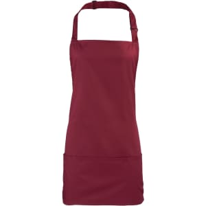 A maroon 2-in-1 apron featuring a neck strap and a front pocket, with a logo present on the design.