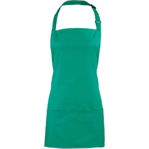 A green 2-in-1 apron featuring adjustable straps and a front pocket, also displaying a logo.
