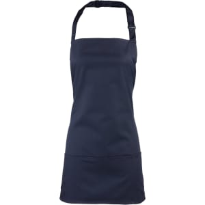 A navy blue apron with adjustable neck strap and front pocket, featuring a simple design and branding.
