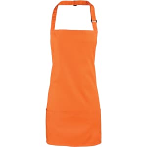 An orange 2-in-1 apron featuring a pocket and a strap for easy adjustment. It also has a logo.
