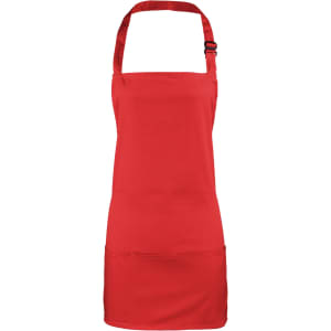 A red 2-in-1 apron with adjustable straps and a front pocket, featuring a logo.