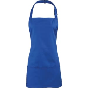 A blue 2-in-1 apron featuring a halter neck design and a pocket, with a logo on the front.