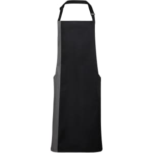 A black apron with contrasting grey side panels and an adjustable neck strap, featuring a logo.