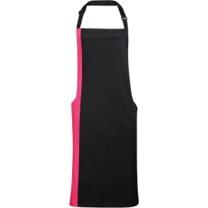 A black apron with a pink side, featuring an adjustable neck strap and a logo. Perfect for workwear use.