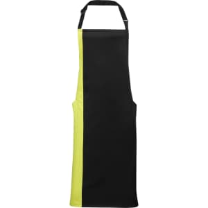 A black bib apron with a bright yellow contrast side and an adjustable neck strap. It features a pocket and a logo.