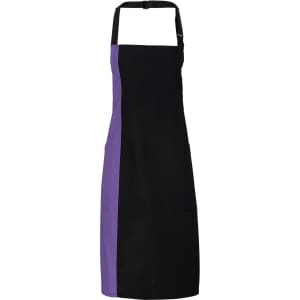 A contrast bib apron featuring black and purple colours with an adjustable neck strap and a logo.