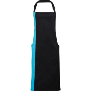 A contrast bib apron featuring a black body with a turquoise side, designed for workwear. Includes a logo.
