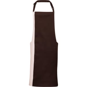 A brown and light pink contrast bib apron with a neck strap and a side pocket. It features a logo.