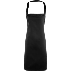 A black essential bib apron with adjustable straps and a simple design. It features a branding logo.