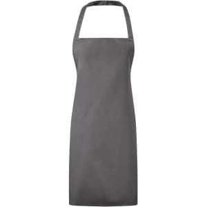 A grey essential bib apron with a simple design and a neck strap. The item includes a logo.