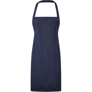 A navy blue bib apron with a neck strap and minimal design, featuring a logo.