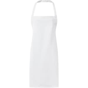 A white bib apron with a simple design and a neck strap, featuring an area for branding.