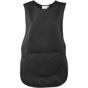 A black Pocket Tabard featuring a large front pocket and a simple sleeveless design. It has a logo on the label.