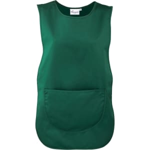 A green Pocket Tabard featuring a large front pocket and a simple, sleeveless design. It has a logo.