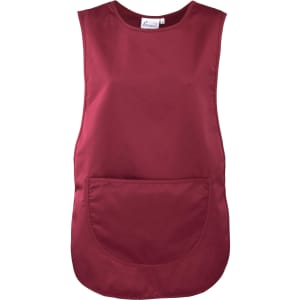 A burgundy Pocket Tabard with a large front pocket and no sleeves, featuring a small branding label.