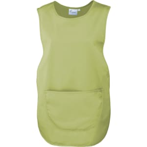 A green Pocket Tabard featuring a front pocket and a simple sleeveless design, with a logo on the label.
