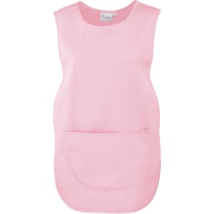 A pink Pocket Tabard featuring a front pocket and a sleeveless design. It has a logo detail on the label.