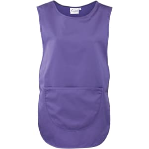 A purple Pocket Tabard featuring a large front pocket and a simple sleeveless design. It has a logo on the label.