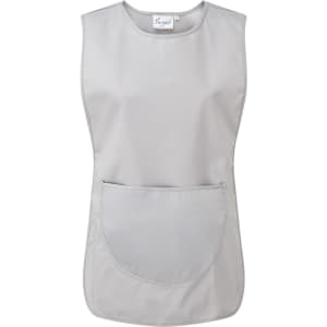A grey Pocket Tabard featuring a large front pocket and a simple, sleeveless design. Includes a logo.
