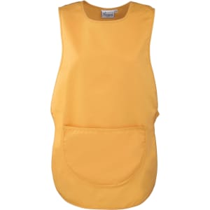 A yellow Pocket Tabard with a large front pocket, designed as a tunic-style uniform. It has a logo on the label.