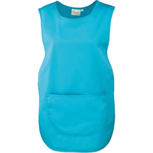 A turquoise pocket tabard with a sleeveless design and a front pocket. It features a logo on the label.