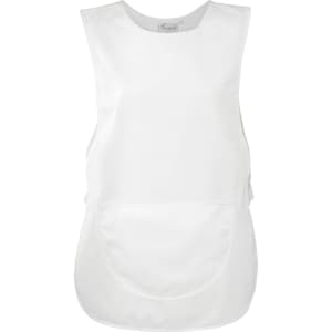 A white Pocket Tabard with a large front pocket and a simple sleeveless design. Includes a logo.