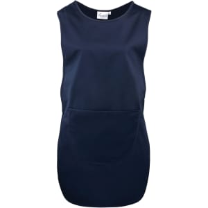 A navy blue long length pocket tabard with a large front pocket and no sleeves. Features a logo.
