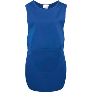 A blue long-length pocket tabard with a rounded neckline and a large front pocket. Features a brand logo.