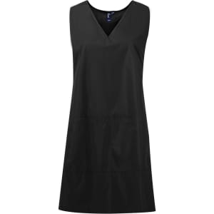 A black waterproof wrap-around tunic with a V-neck design and no sleeves, featuring a logo on the front.