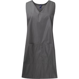 A grey waterproof wrap-around tunic with a V-neck design and front pockets. It features a branding logo.