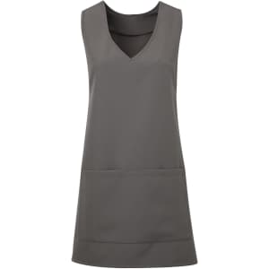 A grey wrap-around tunic featuring a V-neckline and two front pockets, with a simple logo on the fabric.
