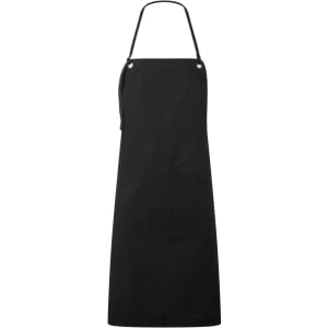 A black canvas apron featuring double pockets and an adjustable neck strap, with a logo present.