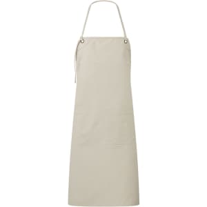 A beige canvas apron featuring double pockets and an adjustable neck strap. It has a simple design and includes a logo.